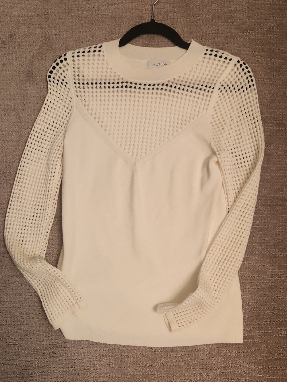 Sofia Cashmere Cream Open-Knit Panel Crewneck Sweater